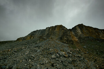 Misty and foggy condition of Mount Papandayan, Garut, Indonesia. Landscape with mysterious and spooky atmosphere