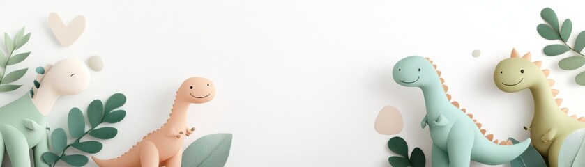 Obraz premium Colorful dinosaur figurines surrounded by greenery, perfect for children's decor or playful themes in photography.