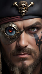 close up shot of pirate with robot eye