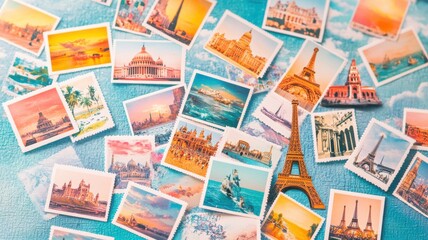 Colorful vintage postcards showcasing iconic landmarks and travel memories scattered over a blue background.