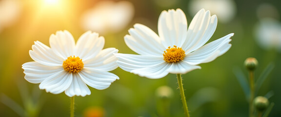 Fototapeta premium Close-up of White Cosmos Flowers in a Field