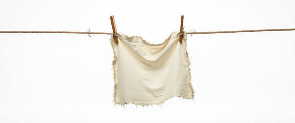 White Cloth Hanging on a Clothesline with Wooden Clothespins