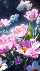 Obraz premium Delicate Pink Flowers Under a Starry Sky