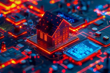 Obraz premium Smart Home on Circuit Board, Glowing 3D Illustration of Digital House, Internet of Things Concept