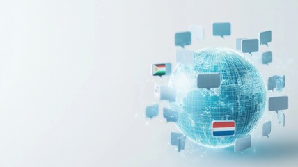 Digital globe surrounded by chat bubbles, representing global communication and diverse languages in modern technology.