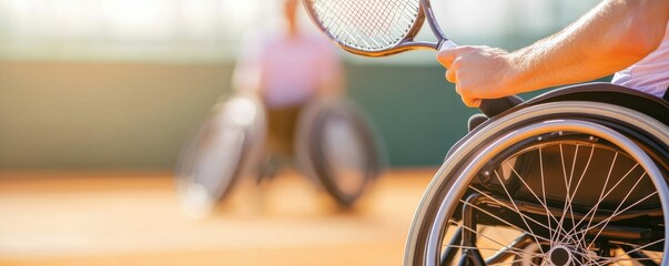 Dynamic action shot of wheelchair tennis players on a vibrant court, showcasing athleticism and determination in adaptive sports.