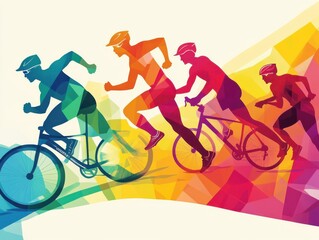Obraz premium Dynamic silhouette of cyclists racing in vibrant colors, showcasing speed and energy in an abstract design.
