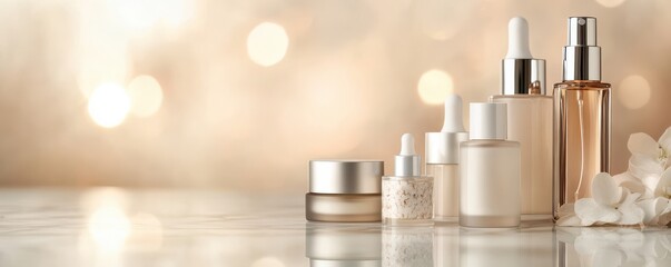 Elegant collection of beauty products showcasing skincare essentials in stylish bottles on a blurred background.