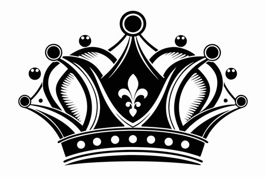 recommend clip art: Asymmetrical black-and-white vector illustration of a royal crown with pointed tips and round orbs at the top. Beautiful crown silhouette vector art illustration