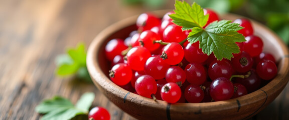 Closeup of red currants in a wooden bowl