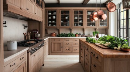 Elegant rustic kitchen featuring wooden cabinets, a spacious island, and fresh vegetables, perfect for culinary inspiration.