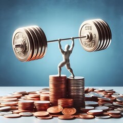 Financial Fitness. A person Lifting a barbell made of coins, representing financial strength