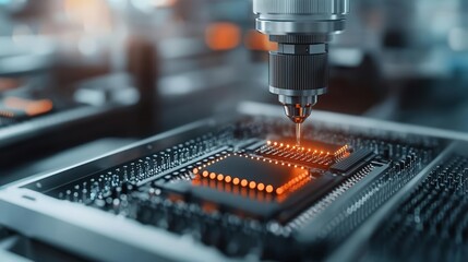 High-tech electronics factory with precision equipment and automated systems assembling microchips, futuristic production line