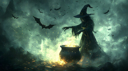 Obraz premium A wicked witch stirring a bubbling cauldron, with flying bats and eerie mist in the background. She eerie setting, surrounded by bats and an enchanting fog.