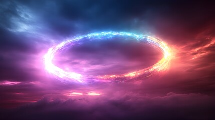 A surreal crystal palace floating in the sky, circular in design, with rainbow-colored light refracting from its walls, casting ethereal glow in all directions.