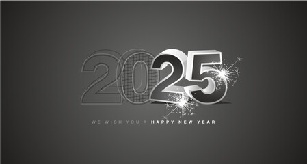 We wish you a happy new year 2025 eve. Architecture construction from line drawing to 3d model numbers of 2025 with sparkle firework on black background