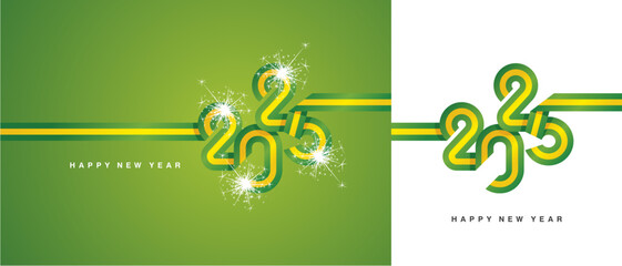 New Year 2025 flag ribbon in the shape of 2025. Abstract light green yellow flag of Brazil shape 2025 logo with sparkle firework isolated on white and green background