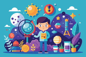Naklejka premium A young child engages with various scientific elements like planets, stars, and telescopes in a vibrant cosmic environment, showcasing a sense of wonder and curiosity.