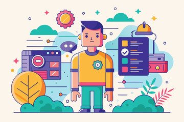 A boy stands among colorful interactive elements, including gears, checklists, and nature, in a vibrant, whimsical setting that sparks curiosity and creativity.