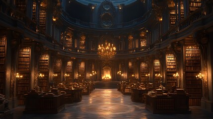 Obraz premium A towering circular library with rows of ancient scrolls and dusty tomes, arranged in flawless symmetry, illuminated by glowing chandeliers above