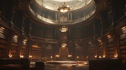 Obraz premium A towering circular library with rows of ancient scrolls and dusty tomes, arranged in flawless symmetry, illuminated by glowing chandeliers above