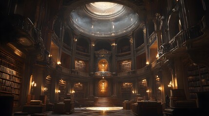 Obraz premium A towering circular library with rows of ancient scrolls and dusty tomes, arranged in flawless symmetry, illuminated by glowing chandeliers above