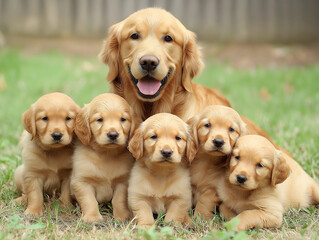 Healthy and gentle golden retriever puppies playing in a warm and minimalist style room.