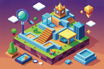 A whimsical outdoor exploration landscape featuring unique structures, greenery, and floating elements during dusk, encouraging curiosity and creativity.