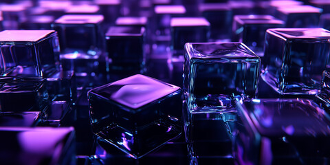 A black background features blue and purple glass squares reflecting light, with two translucent shapes suggesting movement and a large cube in the corner for depth