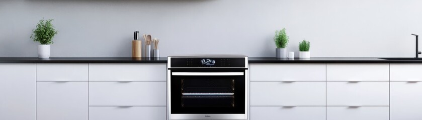 Fototapeta premium Modern kitchen interior featuring sleek cabinetry, stylish oven, and decorative plants creating a minimalist ambiance.