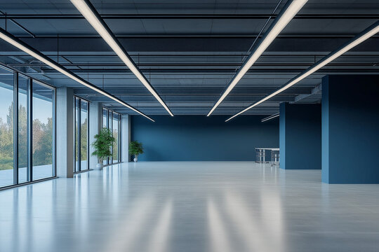 This is a large, empty room with blue walls and floors, and large windows. There is a small plant and a table in the room