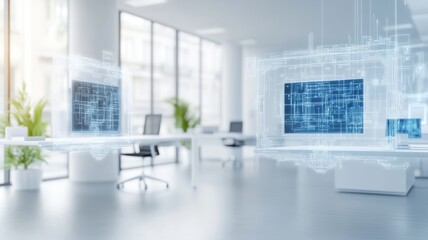 Fototapeta premium Modern office interior featuring digital screens, sleek furniture, and plants, creating a bright and innovative workspace.
