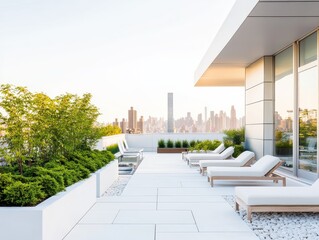 Fototapeta premium Modern rooftop terrace with lounge chairs, greenery, and city skyline view during sunrise. Perfect for relaxation and outdoor living.