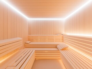 Modern sauna interior with warm lighting, wooden benches, and a relaxing atmosphere for wellness and rejuvenation.