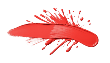 Red paint brush stroke isolated on white background, smudged makeup products.