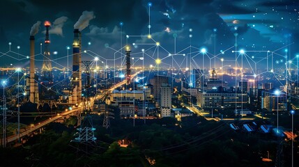 Nighttime cityscape with interconnected network of lights showcasing modern city infrastructure and the digital age.