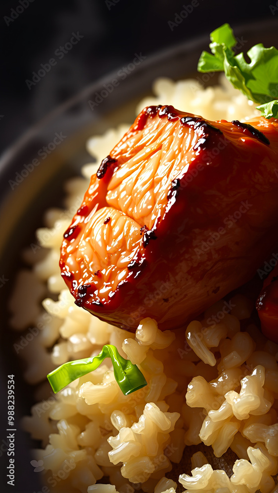 Sticker Close Up of Delicious Glazed Meat on Rice