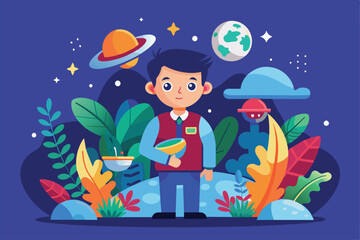 Naklejka premium A curious boy examines plants with a magnifying glass while surrounded by vibrant foliage and floating planets in a magical cosmic setting.