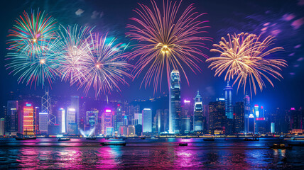 Fototapeta premium Bright fireworks exploding over illuminated city skyline