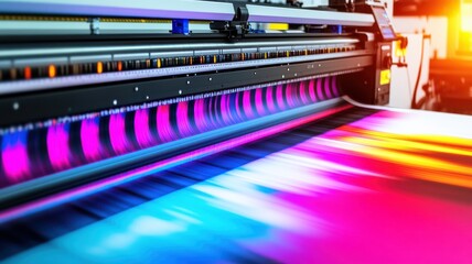 Vibrant color printing process captured in motion, showcasing the dynamic flow of ink on large format printer with vivid hues.