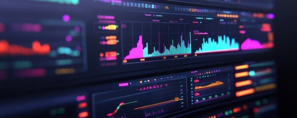 Fototapeta premium Vibrant data visualization featuring colorful graphs and digital statistics, ideal for tech and analytics projects.