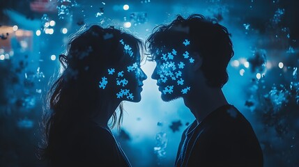 Happy couple facing each other with holographic puzzle pieces connecting them, glowing in mid-air, representing thought and emotional connection, futuristic, blue neon ambiance