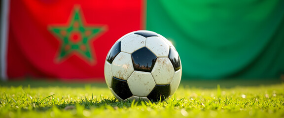 Obraz premium Soccer ball on green grass with Moroccan flag in background