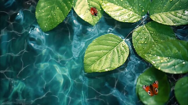 Close-up of fresh leaves with ladybug and butterfly floating on water, reflecting light. Seamless looping time-lapse video background