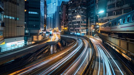 Obraz premium Long Exposure Cityscape: Illustrate a city blueprint using long exposure photography techniques, capturing luminous streaks of traffic and streetlights. The image should emphasize the constant movemen