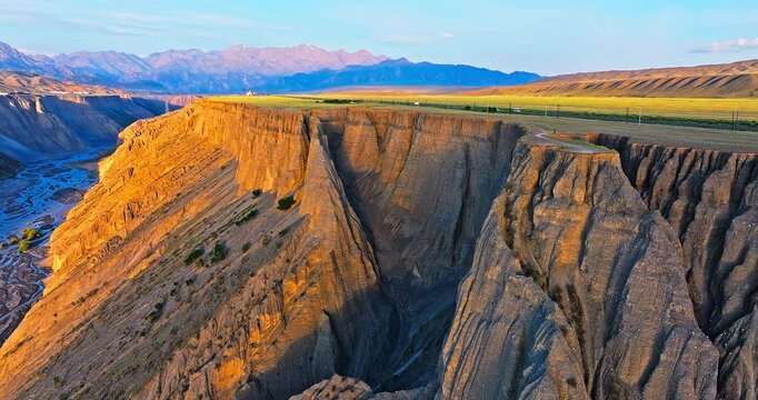 Spectacular Anjihai Grand Canyon natural landscape in Xinjiang, China. Aerial view of mountain faults and canyon rivers.