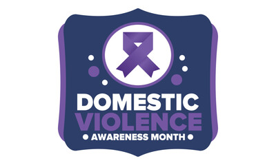 Domestic Violence Awareness Month in October. Celebrate annual in United States. Awareness purple ribbon. Day of Unity. Prevention campaign. Stop women abuse. Poster, banner and background. Vector