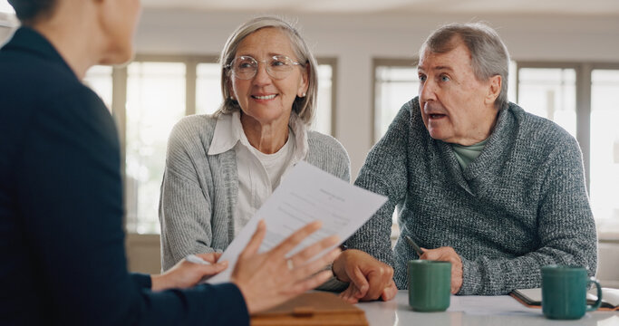 Discussion, documents and senior couple with financial advisor for retirement annuity saving account. Meeting, finance paperwork and elderly man and woman with investment banker for pension growth.