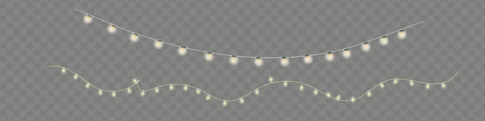 Lights bulbs border isolated on transparent background. Glowing fairy Christmas garland string. © kume111000