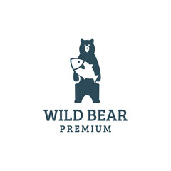 bear holding salmon fish vector illustration logo design